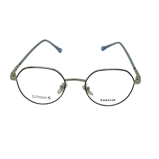 SUOFEIA Pure β-Titanium Retro Round Two-Tone Frame Silver & Black with Blue Tips