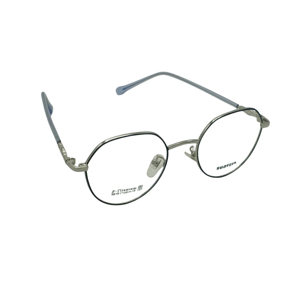 SUOFEIA Pure β-Titanium Retro Round Two-Tone Frame Silver & Black with Blue Tips