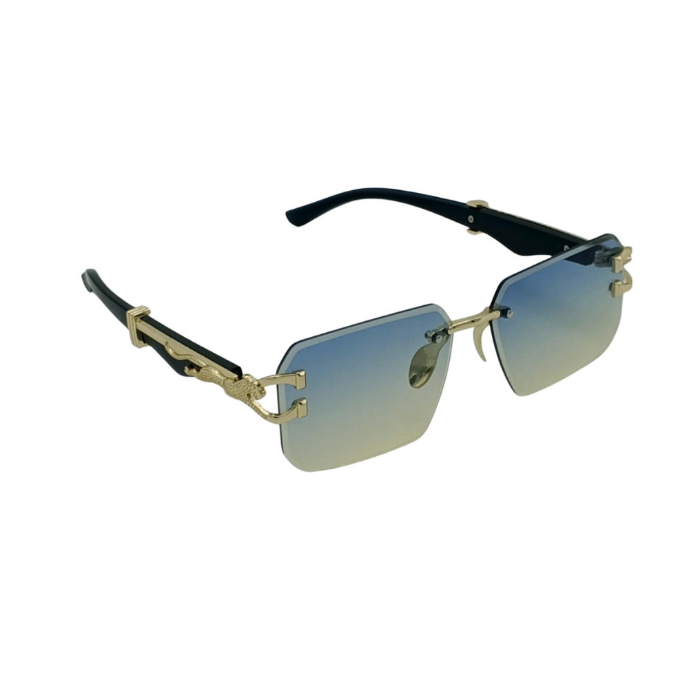 Rimless Ocean-to-Clear Gradient Panther Sunglasses – Gold & Black Mastery Edition