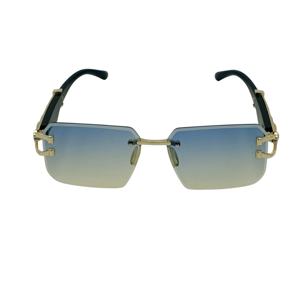 Rimless Ocean-to-Clear Gradient Panther Sunglasses – Gold & Black Mastery Edition