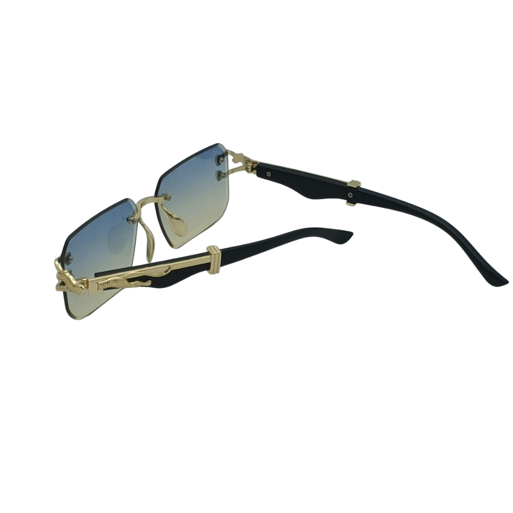 Rimless Ocean-to-Clear Gradient Panther Sunglasses – Gold & Black Mastery Edition