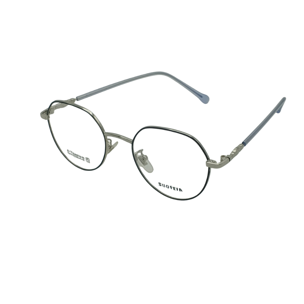 SUOFEIA Pure β-Titanium Retro Round Two-Tone Frame Silver & Black with Blue Tips