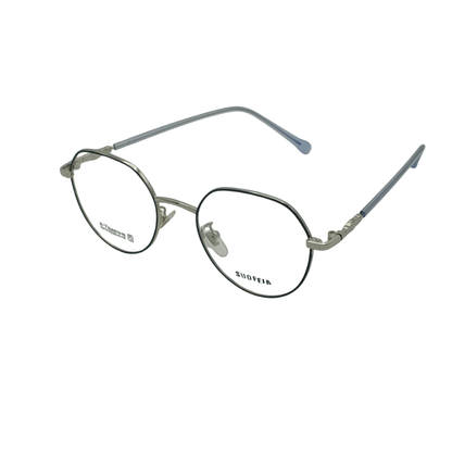 SUOFEIA Pure β-Titanium Retro Round Two-Tone Frame Silver & Black with Blue Tips