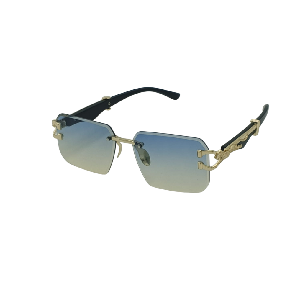 Rimless Ocean-to-Clear Gradient Panther Sunglasses – Gold & Black Mastery Edition